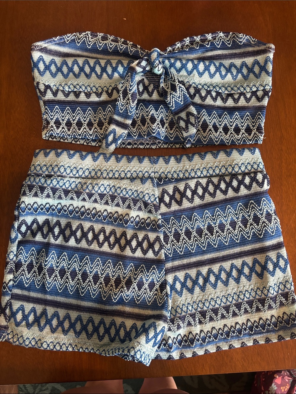 Blue Patterned Strapless Two-Piece Shorts Set